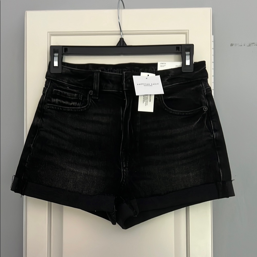 American Eagle Black Denim Mom Shorts Stretch Super High Rise 00/24 *NWT*